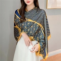 Detail view of navy blue and yellow silk shawl with H-letter geometric pattern print - 180*90CM / Yellow Border (XL5-1)