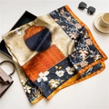 Artistic square silk scarf featuring floral prints and abstract color blocks in warm tones - Warm Orange Black White Floral (FE131-1)