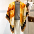 110cm silk-like shawl with orange abstract print on a hanger over a grey turtleneck - Orange Yellow Abstract Lines (FE141-1)