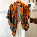 110cm vintage silk scarf featuring orange floral print on dark green fabric - Dark Green Orange Freehand Floral (FE143-1)