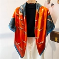 Orange and blue crane print silk scarf wrap with wave patterns and elegant drapes - Bright Orange Crane Wave (FE118-1)