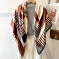 110cm vintage silk square scarf featuring brown and beige geometric pattern blocks - Brown Beige Geometric Patchwork (FE146-1)