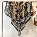 Luxury satin square scarf with gold chain and blue feathers pattern on black and cream base - Black Gold Feather Exotic (FE5-4)