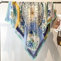 Large retro floral silk-feel square scarf with blue peony and geometric patterns - Blue Peony Retro Patchwork (FE154-1)