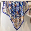 Vintage bohemian geometric silk-like square scarf in navy blue and yellow colors - Multicolor Abstract Geometric Bohemia (FE148-1)