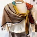 Silk scarf with color-block polka dots in yellow, red, and blue worn as an elegant knot - Ginger Red Patchwork Polka Dot (FE113-1)
