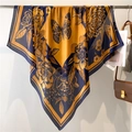 Navy blue and mustard yellow vintage floral square silk scarf hung on metal rod - Navy Mustard Yellow Floral (FE143-2)