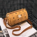 Gembergele cilindervormige crossbodytas met vintage LBS-monogramprint en goudkleurige details - Bruin
