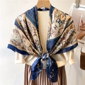 Navy and champagne vintage silk scarf with baroque swan print draped on a model - Navy Champagne Baroque Scrolls (FE149-1)