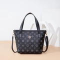 Retro grey floral print tote bag with gold logo and crossbody strap for women - Black