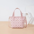 Pink printed crossbody bucket bag with heart floral patterns and gold floral metal logo - Pink