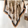110cm square silk-like scarf featuring brown marble print and geometric border - Earth Tone Marble Print (FE141-3)
