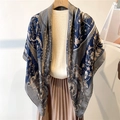 Navy and grey vintage baroque floral silk square scarf draped on mannequin - Navy Grey Gold Baroque (FE149-2)