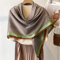 110cm silk-like vintage square scarf with brown geometric patterns and green borders - Brown Geometric Grass Green Border (FE147-1)
