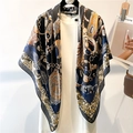 110cm vintage silk-like scarf with baroque chain and feather patterns in black and gold - Blue Black Gold Chain Feather Baroque (FE5-4)