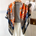 Orange and navy blue equestrian silk scarf with vintage chain patterns on a hanger - Bright Orange Navy Chain Equestrian (FE5-3)