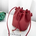 Chic burgundy lychee pattern leather bucket bag with drawstring closure and shoulder strap - Burgundy