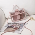 Borsa a tracolla in PVC rosa trasparente con pochette interna e manico in pelle - Rosa