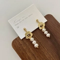 Close-up of elegant gold flower earrings featuring three cascading freshwater pearls - Small Flower OT Buckle Pearl Style (A-167) / Gold