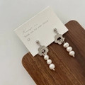 Detail view of elegant silver flower earrings featuring three hanging freshwater pearls - Small Flower OT Buckle Pearl Style (A-167) / Silver