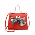 Red lychee texture trapezoid handbag with decorative silk scarf and metal twist lock - Red