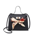 Black lychee pattern shoulder bag with golden lock and colorful silk scarf detail - Black