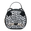 Borsa a tracolla leopardata rotonda con orecchie di gatto e baffi dorati - Stampa Leopardata Bianca e Nera