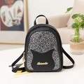 Black PU leather mini backpack with silver glitter cat ear design and golden accents - Black