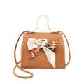 Brown lychee leather handbag with printed silk scarf and crossbody shoulder strap - Brown