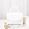 White faux croc leather handbag with fluffy shearling trim and golden chain strap - White