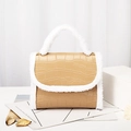Khaki faux crocodile skin handbag with white faux fur trim and top handle for winter - Khaki