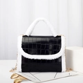 Black crocodile embossed handbag with white faux fur trim and gold chain strap - Black