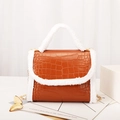 Brown crocodile embossed small square bag with white faux fur trim and gold chain - Caramel color