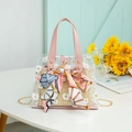 Pink PVC tote with white daisies and straw inner pouch including floral silk scarf - Pink