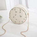 Elegant off-white round crossbody bag with floral embroidery and golden chain strap - Off White