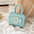 Mint green crocodile pattern square handbag with gold metallic buckle and strap - Blue