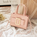 Pink crocodile embossed mini square handbag with elegant gold buckle detail - Pink