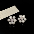 Vue macro de boucles d'oreilles fleurs en perles avec centre en cristal et base argentée - Argenté