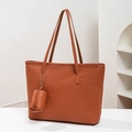 Brown woven leather tote bag with long shoulder straps and matching small zip pouch - Brown