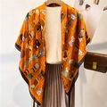 Orange silk feeling square scarf featuring various cat breeds and brown border edge - Orange Cartoon Cat Print (FE112-1) / 110X110CM