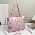 Pink floral embroidered tote bag with matching round coin purse and detachable strap - Pink