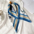 Elegant 70cm silk scarf with horse and geometric patterns displayed on white dress - FJ424-3 Blue-green Equestrian Print