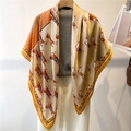 Elegant 110cm silk satin scarf in beige and orange with classic horse print pattern - Equestrian Chain Retro Print (FE153-1) / 110X110CM