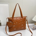 Brown floral embroidered PU leather tote bag with round coin purse and gold hardware - Brown