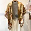 Champagne and green satin silk square scarf with horse bridle and leopard print - Equestrian Leopard Patchwork (FE156-1) / 110X110CM