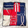 Elegant equestrian chain print silk scarf with luxury horse stirrup pattern in tri-color - Red Navy Blue