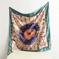 Close-up of artistic satin square scarf with vintage key patterns and tassel designs - Green Border