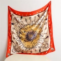 Detail of silk square scarf featuring vintage key patterns and bright orange borders - Orange Red Edge