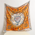 90cm silk-like square scarf featuring vintage key patterns and bright orange borders - Yellow Khaki Edge
