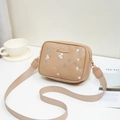 Beige crossbody camera bag with pink floral embroidery and wide woven strap - Khaki